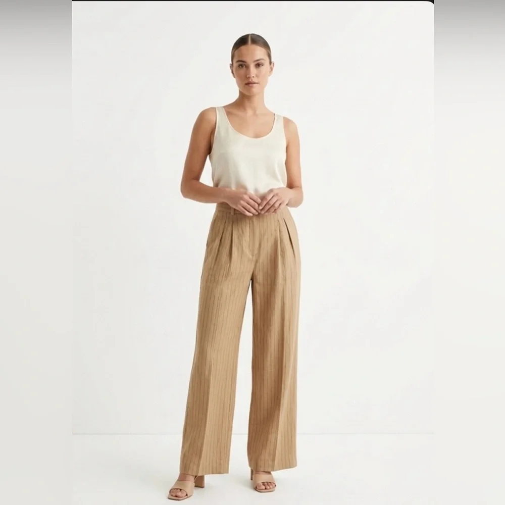 Linen-Blend Zara High-Waisted Pinstripe Wide Leg Pants Size Medium